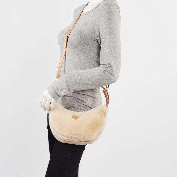 Prada Ecru/Noisette Shearling and Leather Arque Shoulder Bag - Picture 1 of 12
